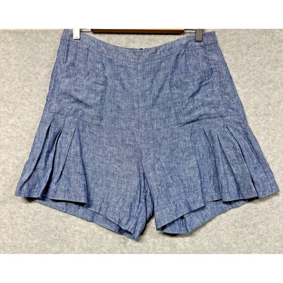 Boden 100% Linen Chambray Shorts Women’s 8 Blue Pleated Front High Rise A-Line - Picture 1 of 9